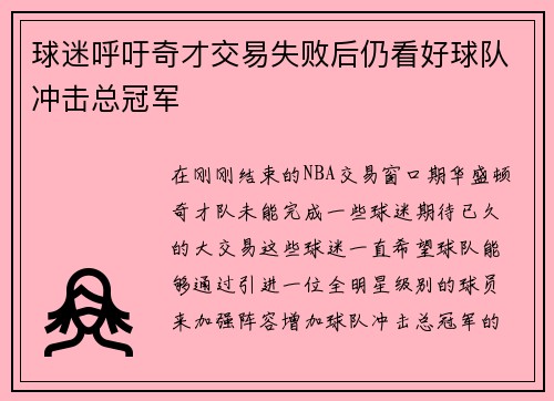 球迷呼吁奇才交易失败后仍看好球队冲击总冠军