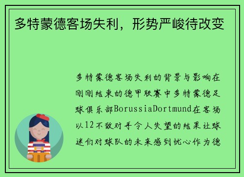 多特蒙德客场失利，形势严峻待改变